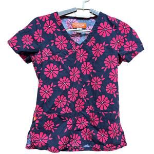orange standard Womens Scrub Top XS Black Red Short Sleeve Floral Nurse Medical